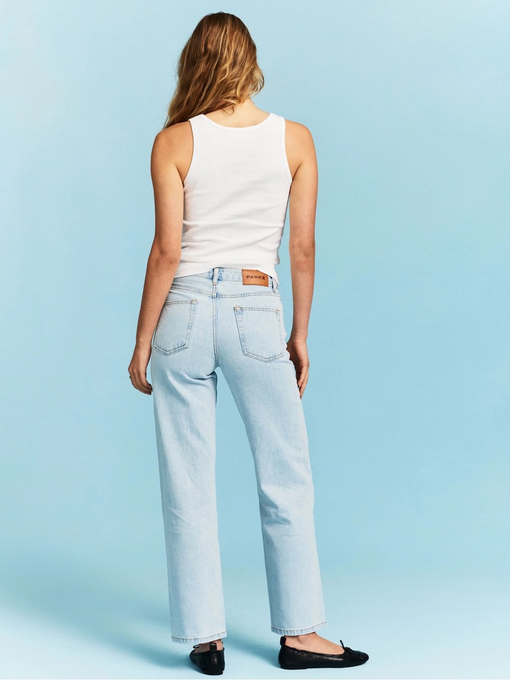 PARKE Button Fly Light Blue Straight-Leg Jeans w Raw Edge Frayed Hem - Picture 2 of 16